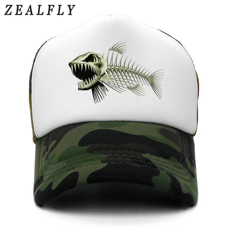 Fishbone Trucker Cap Men Fishing Skeleton Fish Bone Cap Hip Hop Baseball Caps Summer Fisher Man Mesh Hat for Men